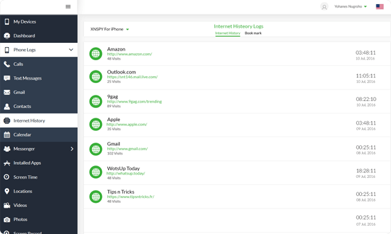 İnternet geçmişi izleme için Xnspy kontrol paneli