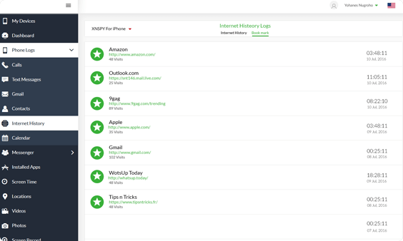 İnternet geçmişi izleme için Xnspy kontrol paneli